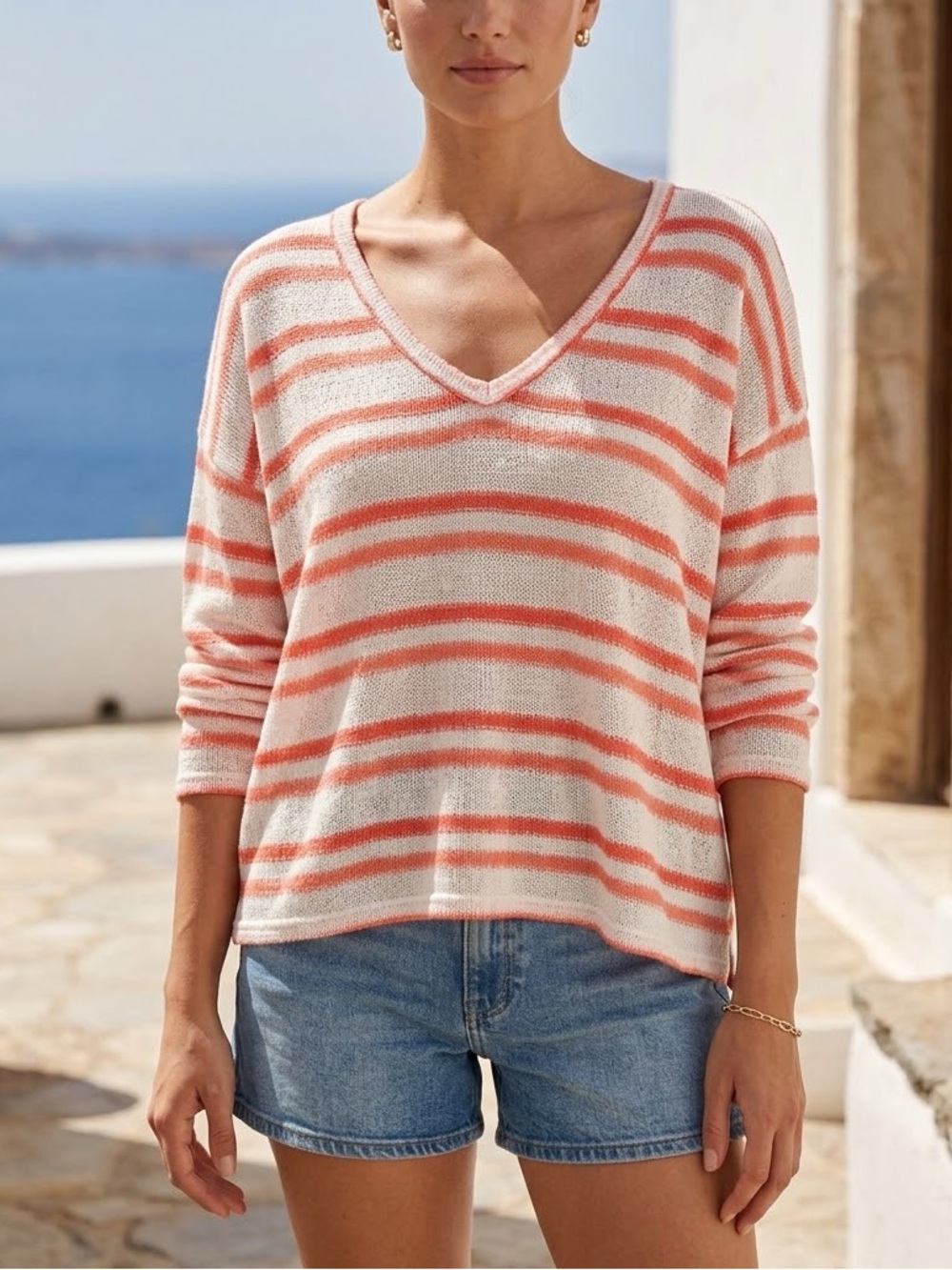 Sadie & Sage Coral Striped V Neck Lightweight Knit Sweater Size S